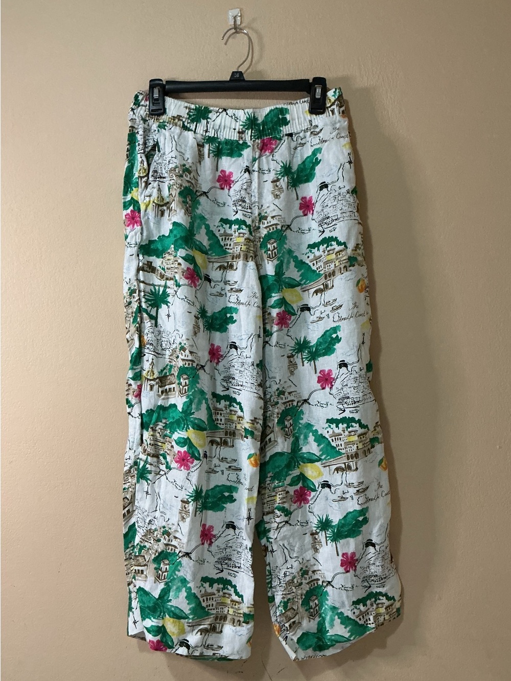 Cynthia Rowley 100% linen White Tropical-Print Elastic-Waist  Pants